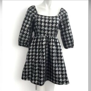 NEW Anthropologie Balloon Sleeves Dress XSMALL DAMASK houndstooth Silver Black